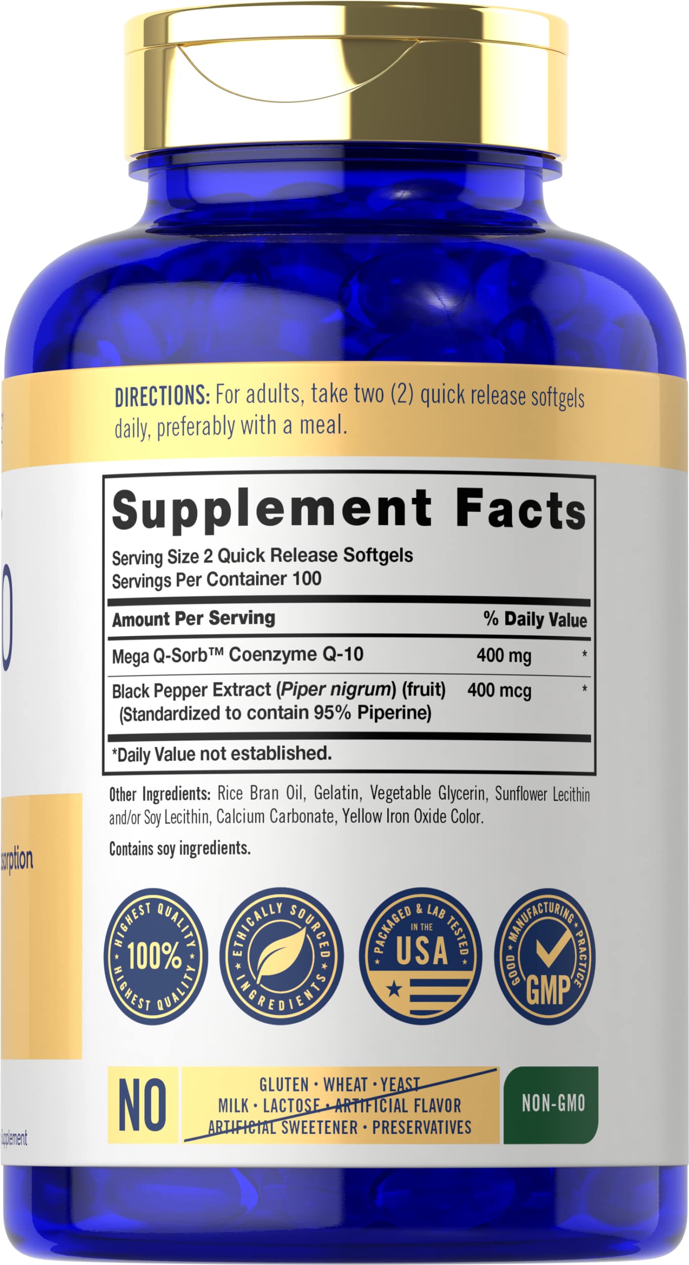 Carlyle CoQ10 bottle label closeup emphasizing non-GMO and gluten-free attributes