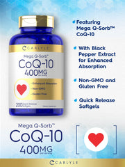 Carlyle CoQ10 400mg softgels close view suggests quick release