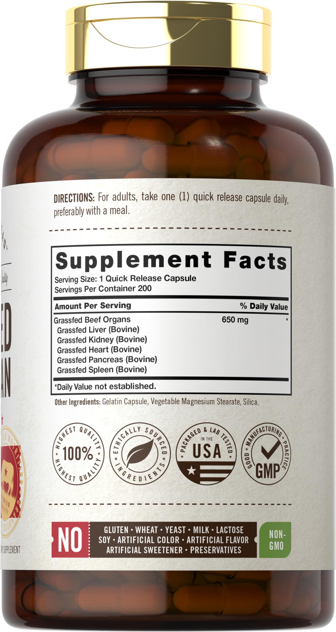 Carlyle Grass Fed Beef Organ Complex label highlighting pasture-raised ingredients.