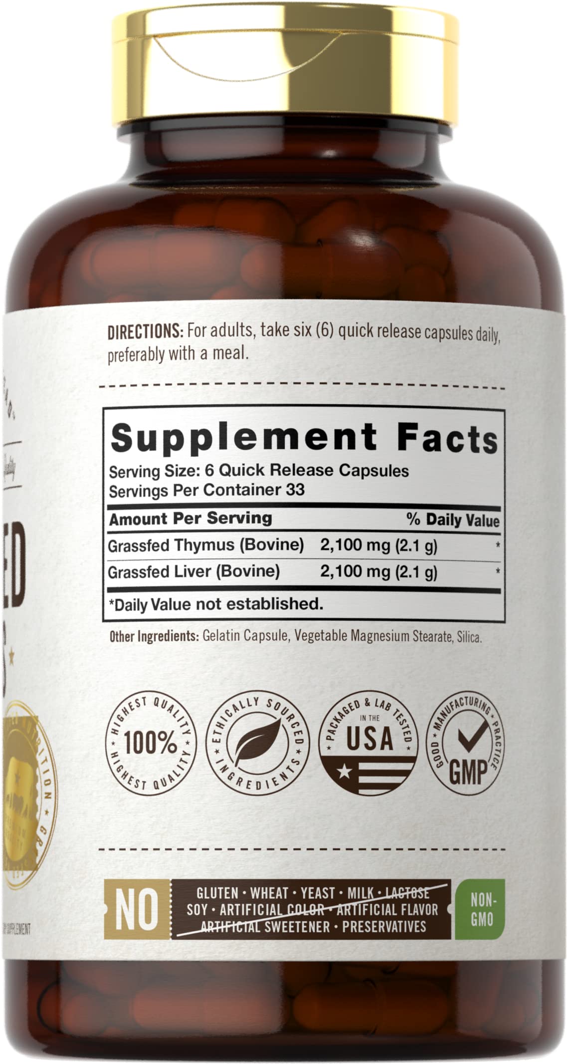 Carlyle Grass Fed Thymus capsules close-up highlighting quick-release capsules for convenient intake.
