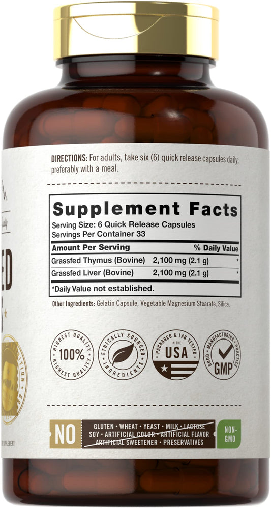 Carlyle Grass Fed Thymus capsules close-up highlighting quick-release capsules for convenient intake.