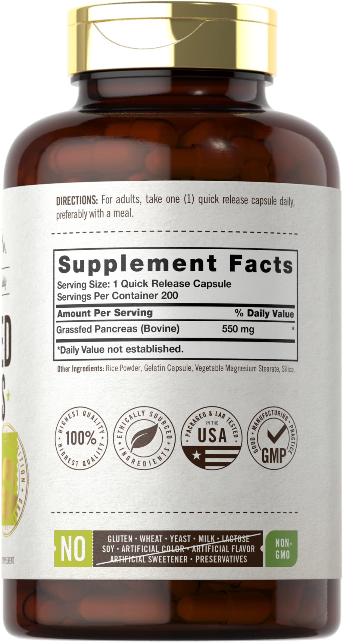 Carlyle Grass Fed Pancreas capsules close-up for easy daily intake.