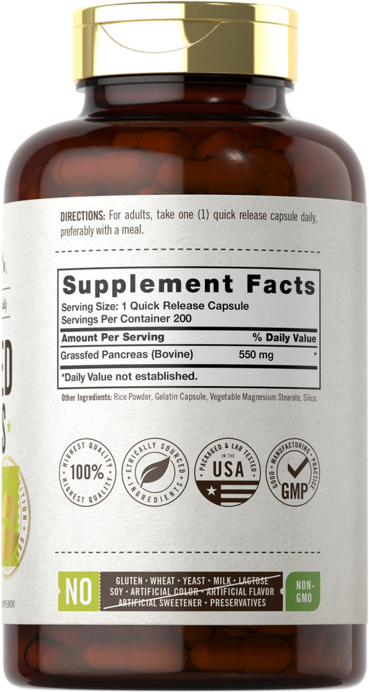 Carlyle Grass Fed Pancreas capsules close-up for easy daily intake.