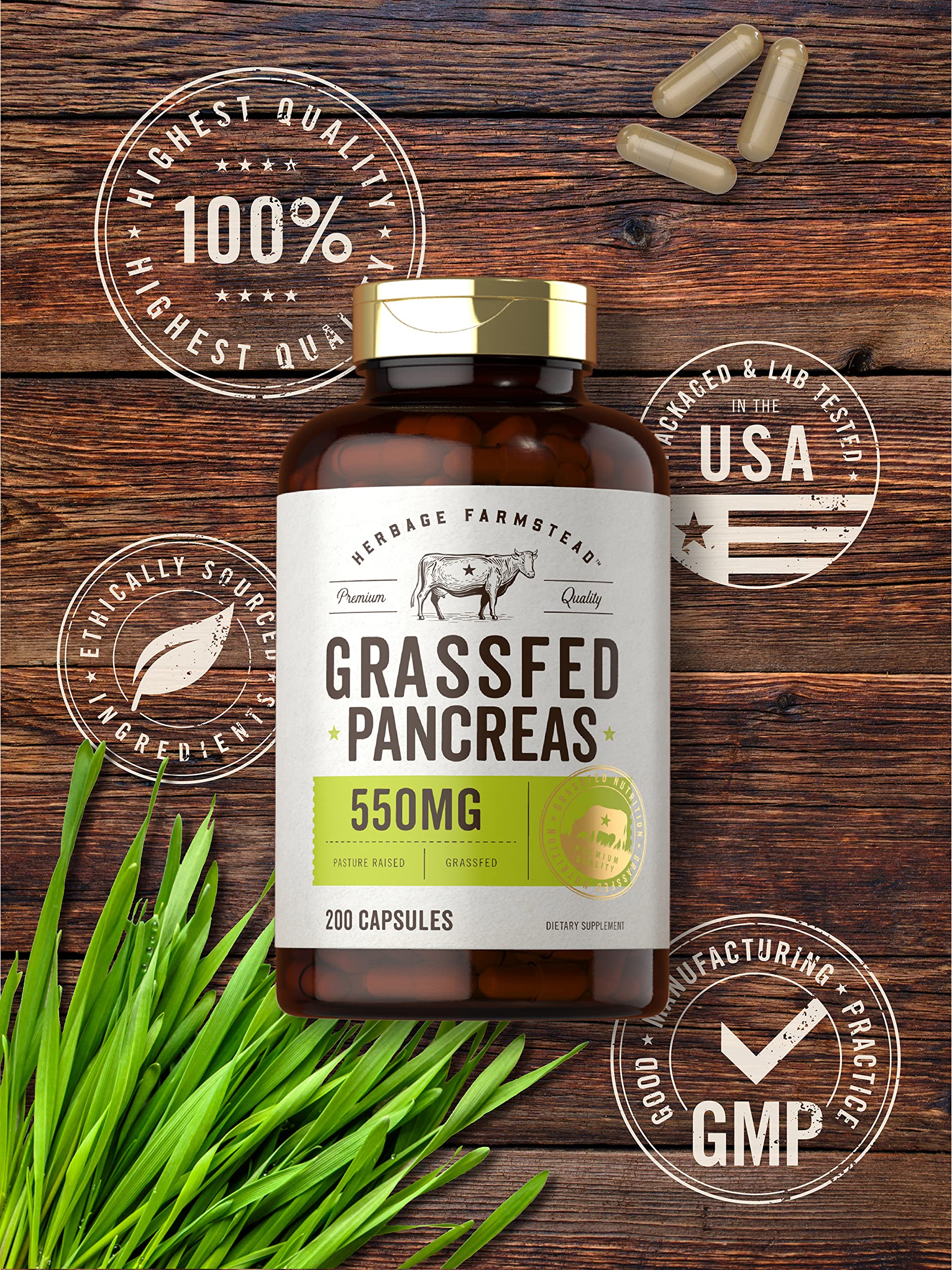 Pasture-raised sourcing note on Carlyle Grass Fed Pancreas container.