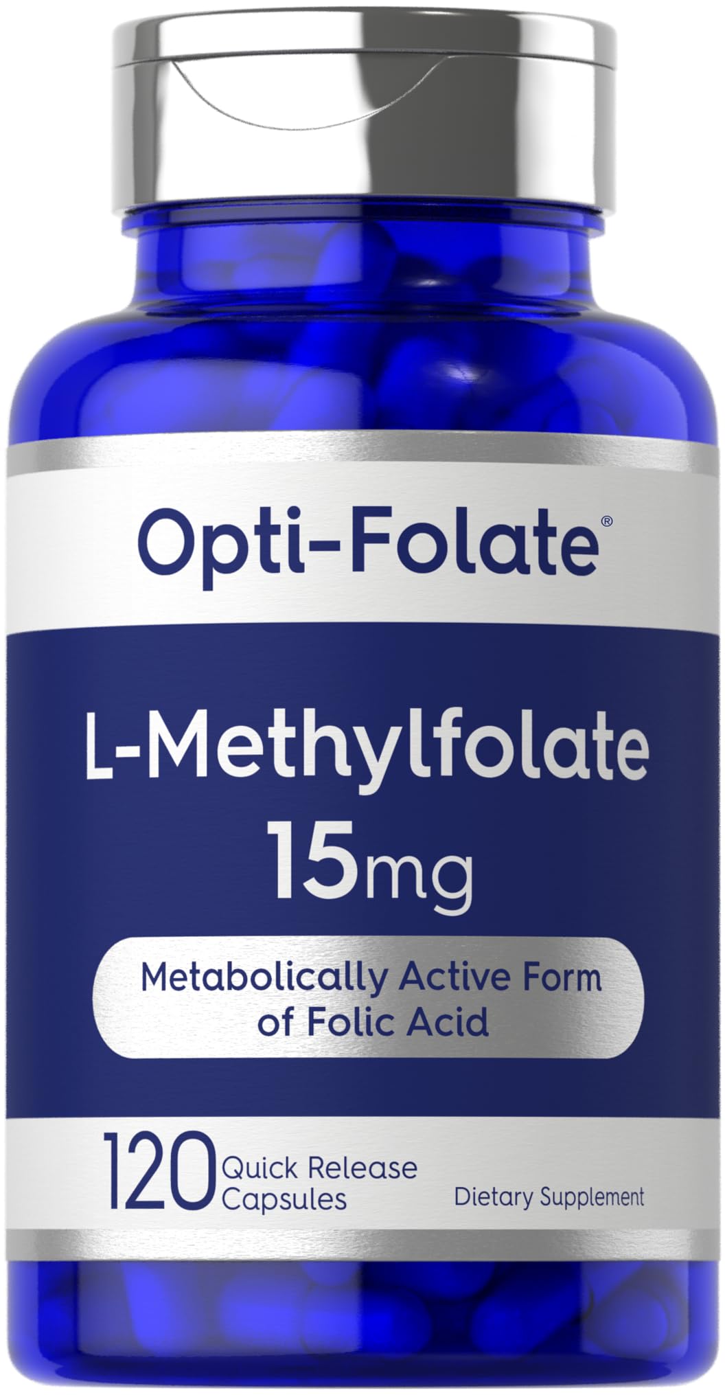 Carlyle L-Methylfolate 15mg bottle closeup with capsules for daily wellness support.