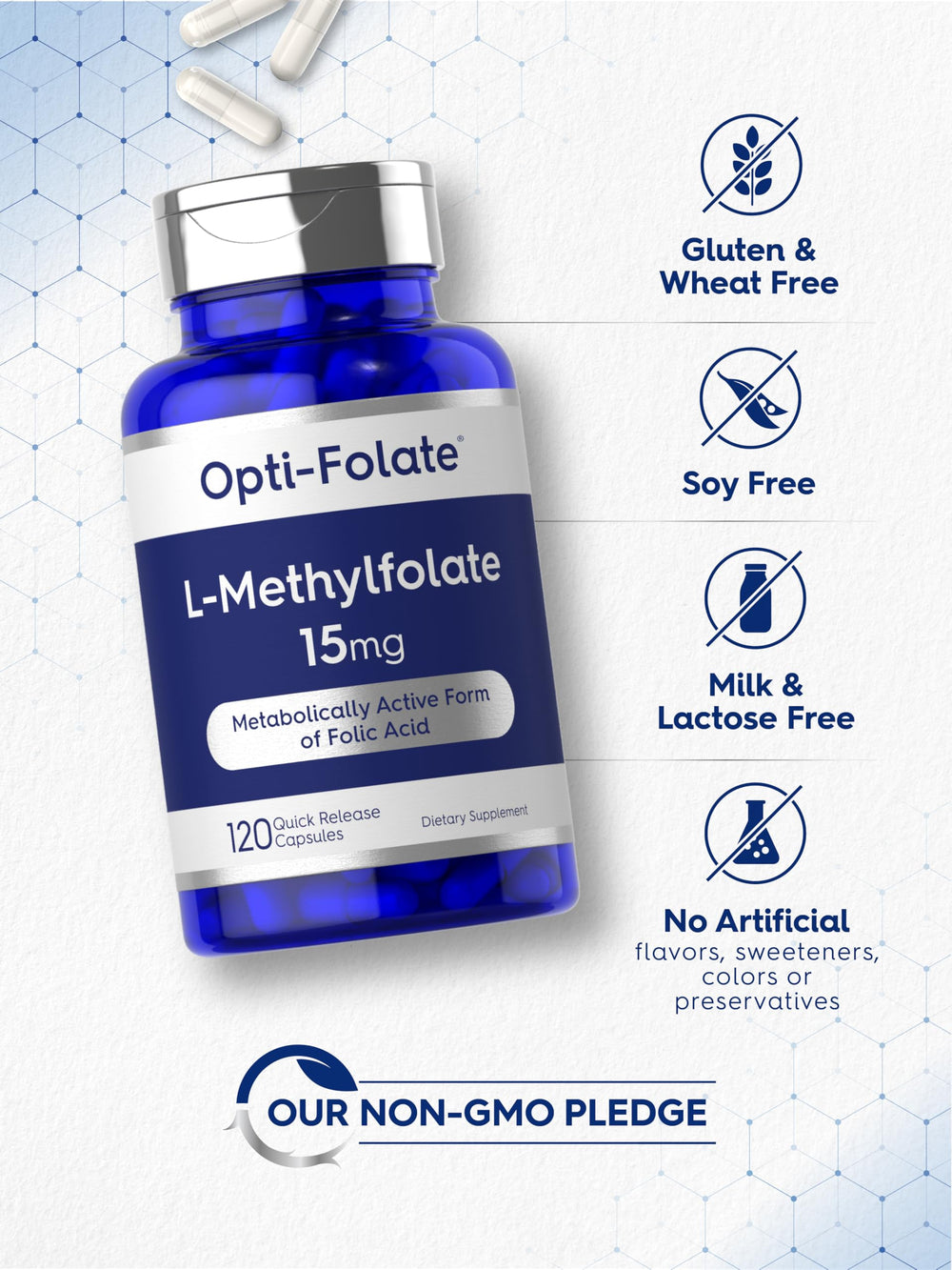 Carlyle L-Methylfolate glass bottle with easy-to-use cap for quick dosing.