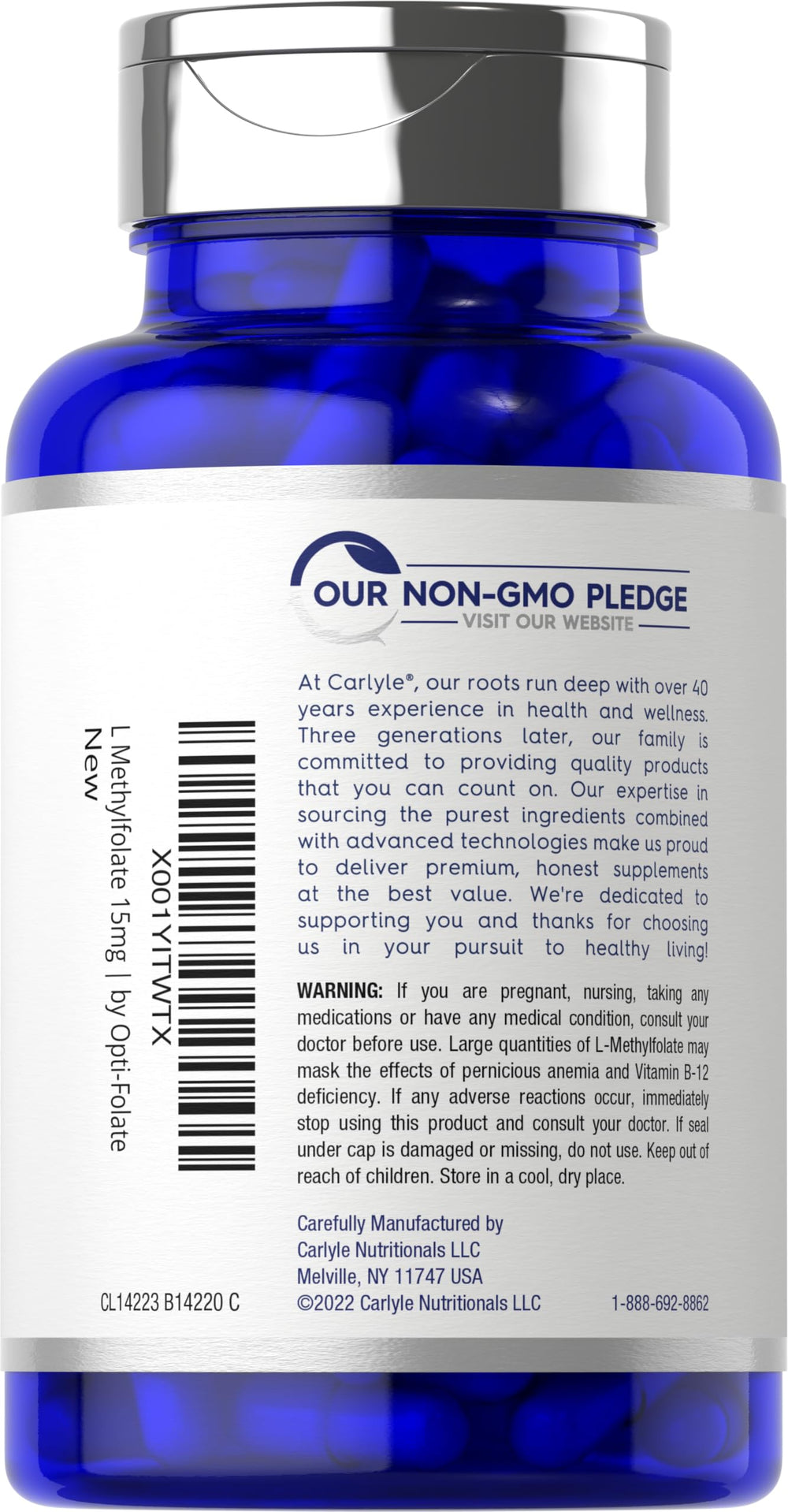 Carlyle L-Methylfolate label front highlighting non-GMO gluten-free formula.