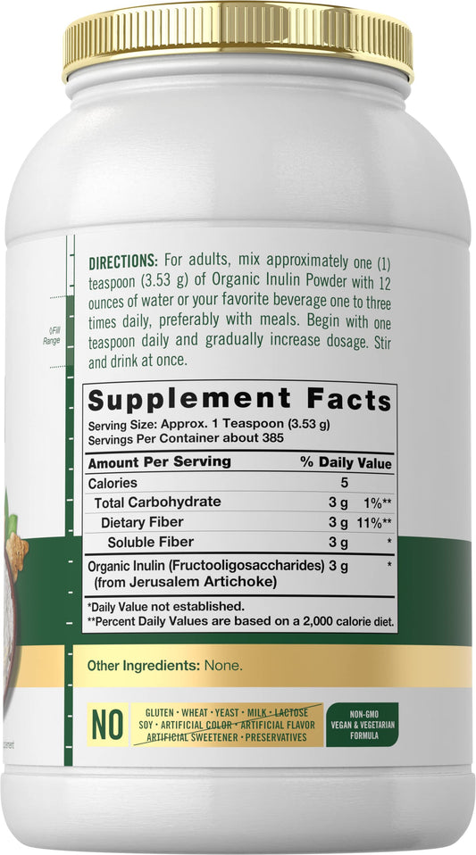 Carlyle Organic Inulin Powder bottle closeup highlighting vegan, gluten-free features
