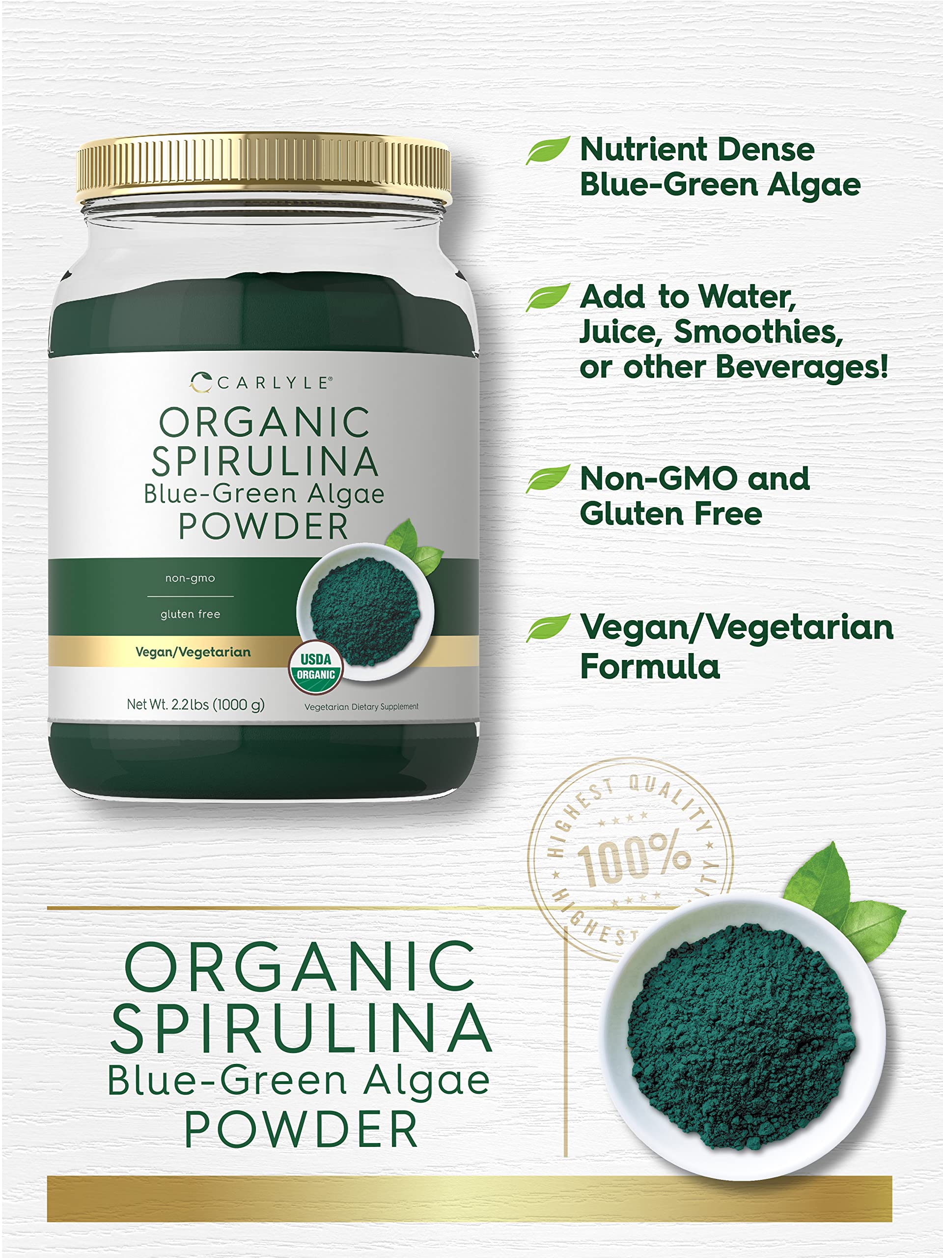 Carlyle Organic Spirulina Powder jar ready to mix into beverages