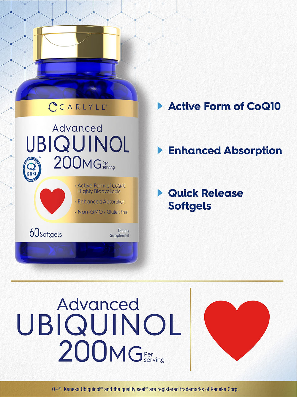 Label detail highlights Kaneka Ubiquinol origin and CoQ10 formulation.