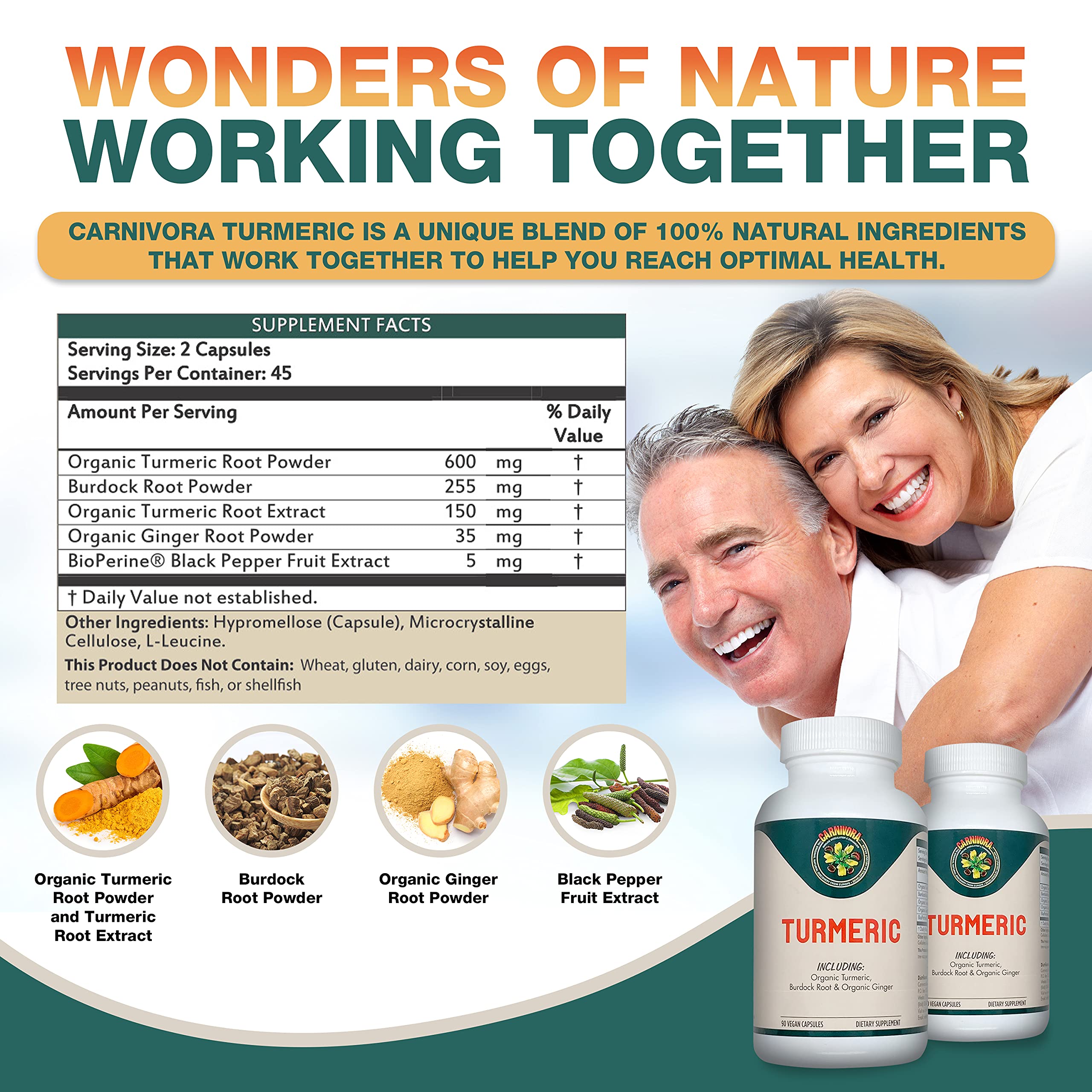 Carnivora Turmeric bottle label highlighting vegan, gluten-free formula.