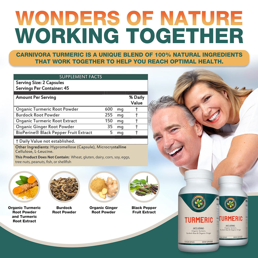 Carnivora Turmeric bottle label highlighting vegan, gluten-free formula.