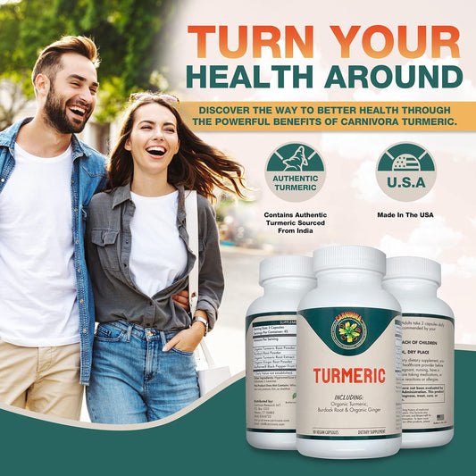 Carnivora Turmeric bottle pour showing easy capsule intake with meals.