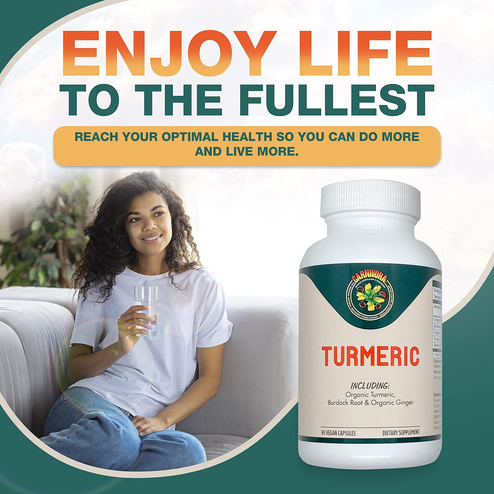 Carnivora Turmeric capsules closeup highlighting curcumin and black pepper blend.