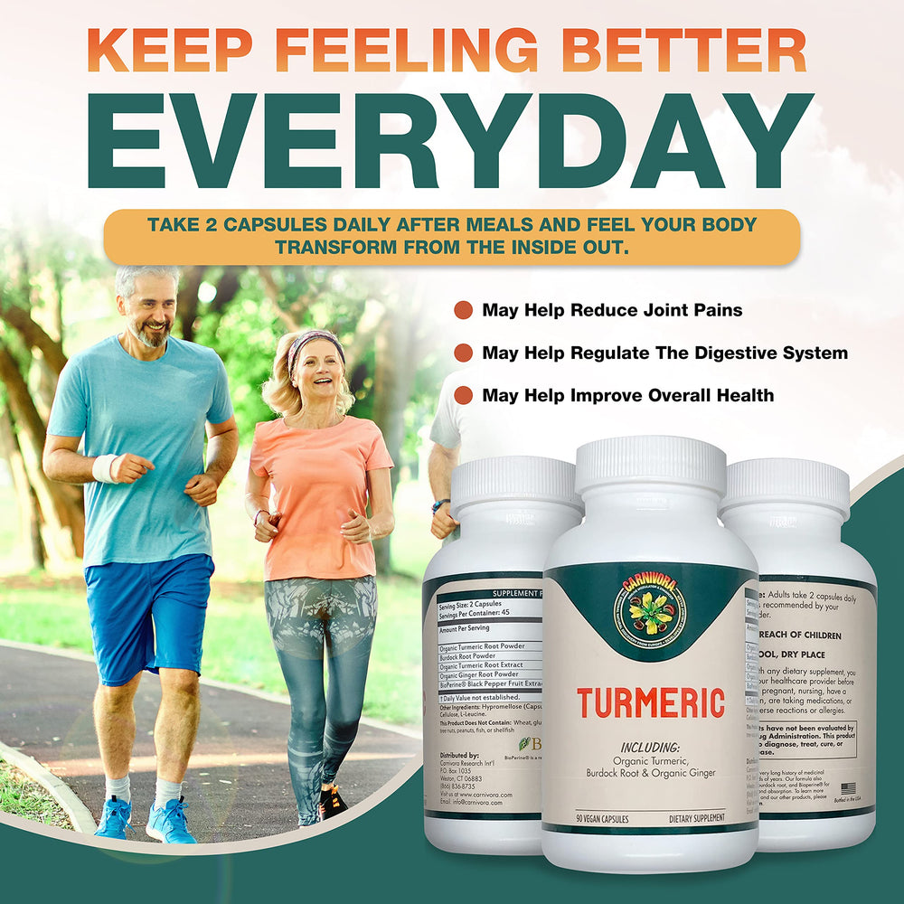 Carnivora Turmeric packaging box emphasizing organic turmeric sourcing.