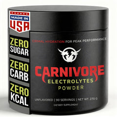 Carnivore Electrolytes bottle front showing zero sugar formula for daily hydration.