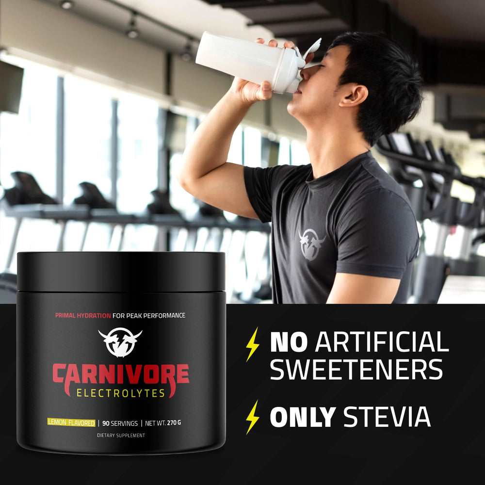 Carnivore Electrolytes Lemon powder in glass for refreshing hydration.