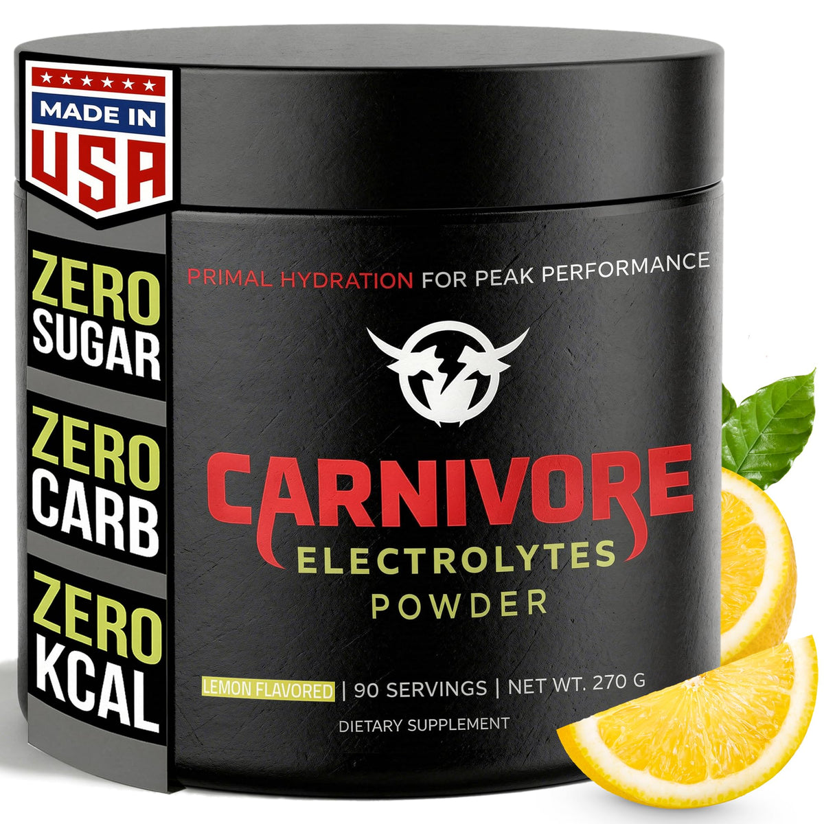 Carnivore Electrolytes Lemon powder can front for carnivore hydration.