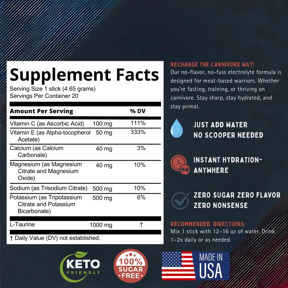 Carnivore On-The-Go Electrolytes stick packets for portable zero sugar hydration.