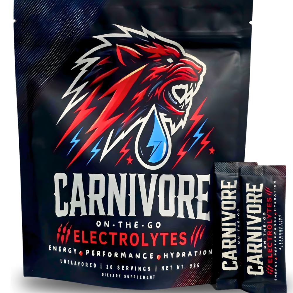 Carnivore On-The-Go Electrolytes unflavored powder for clean hydration.