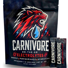 Carnivore On-The-Go Electrolytes unflavored powder for clean hydration.