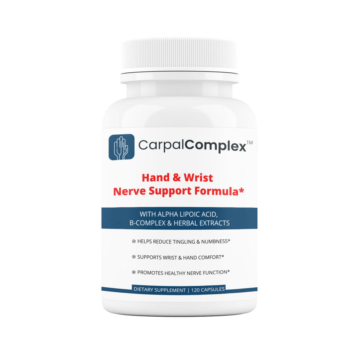 CarpalComplex bottle and capsules for nerve support during daily tasks