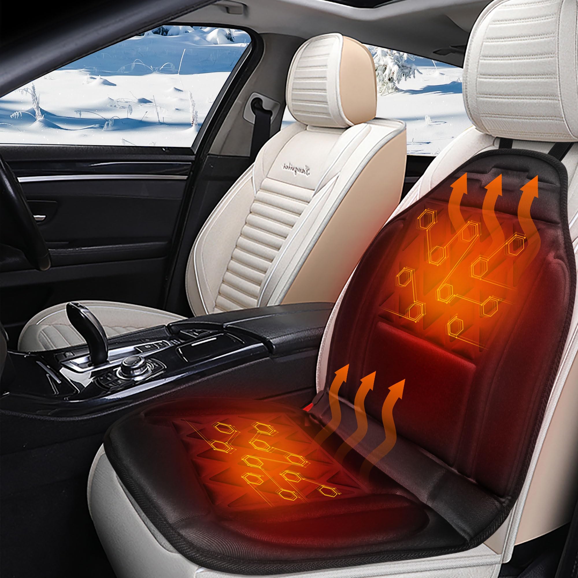CARSHION heated seat cover: temperature control up to 140°F for customizable warmth.