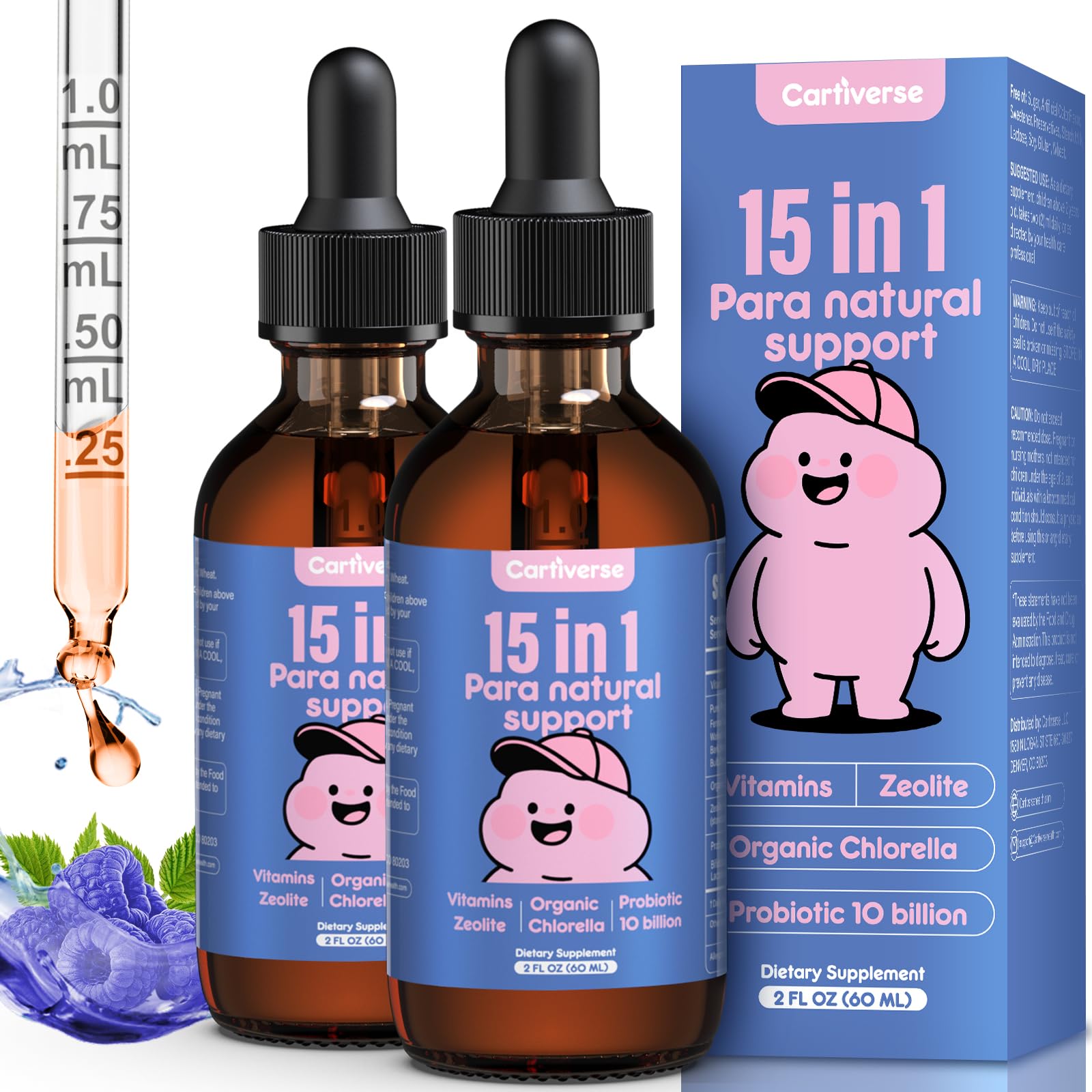 Cartiverse Parasite Cleanse bottle shows easy daily dosing for adults and kids.