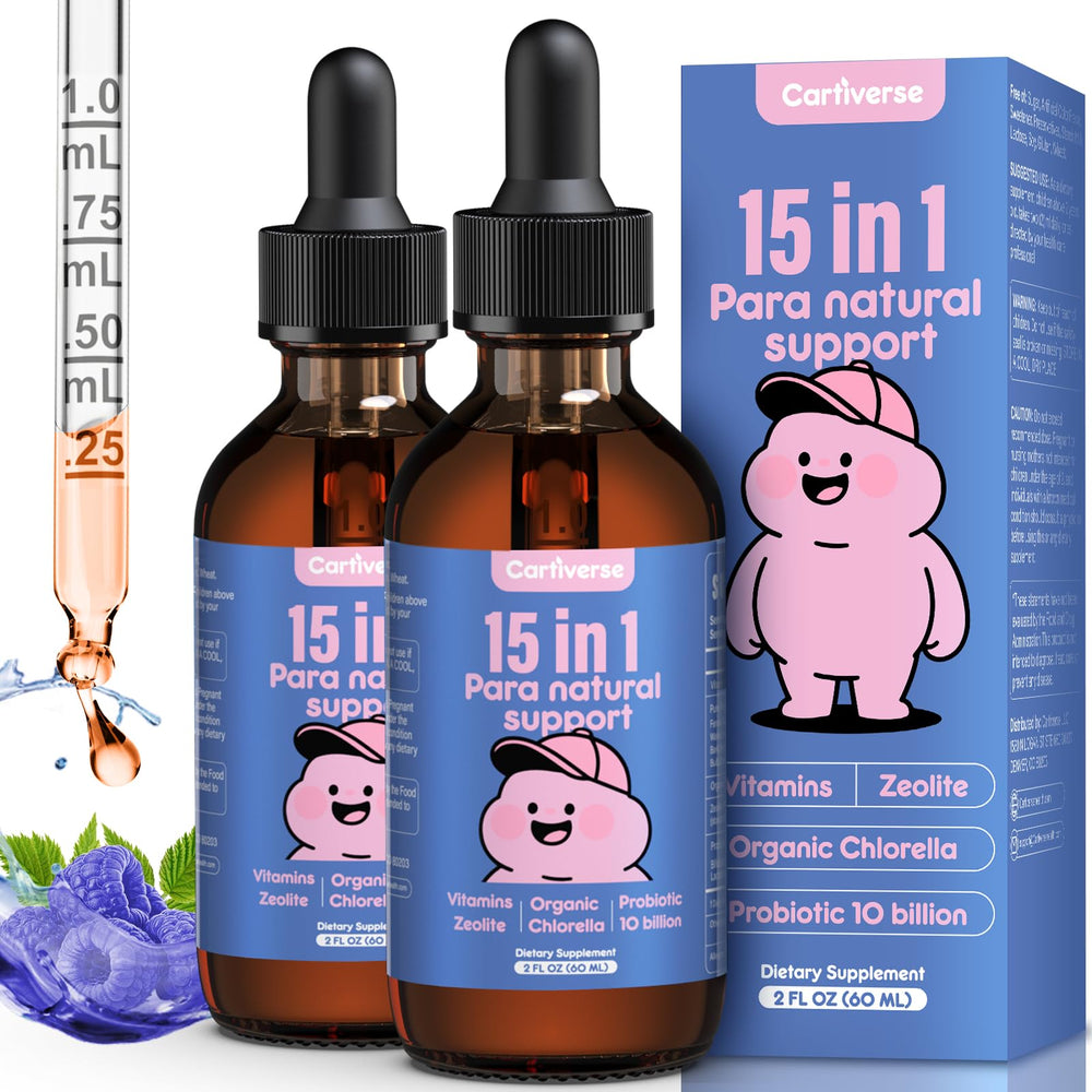 Cartiverse Parasite Cleanse bottle shows easy daily dosing for adults and kids.