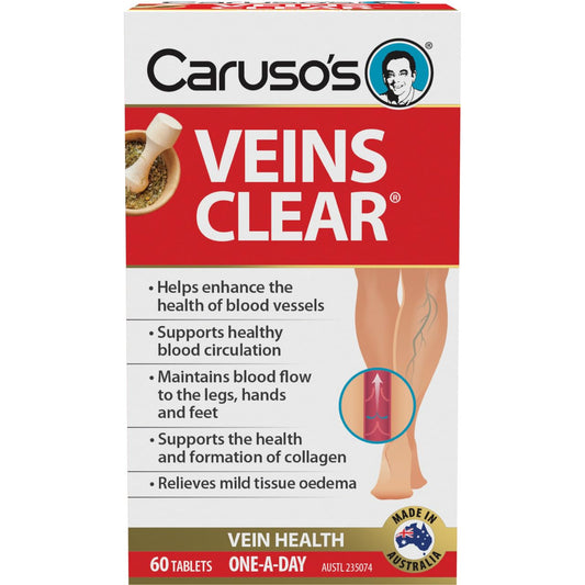 Close-up of Caruso's Veins Clear tablets, easy daily supplement for circulation support