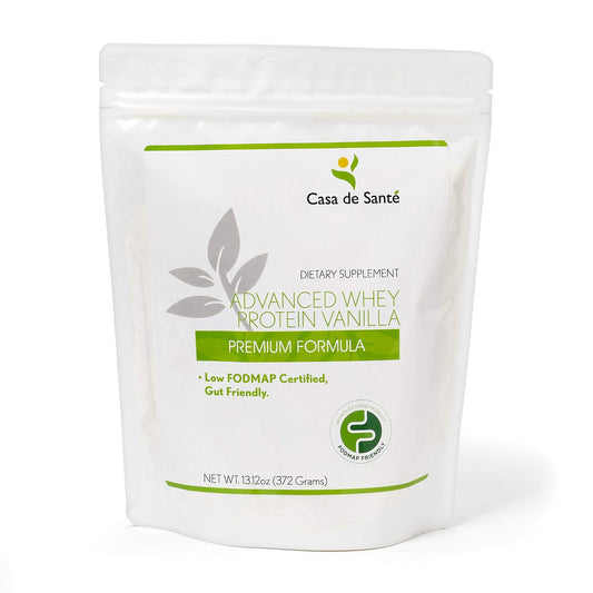 Casa de Sante Advanced Whey Vanilla bottle highlights GLP-1 friendly protein.