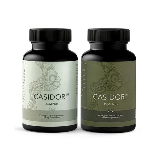 Casidor Dominus AM bottle caps highlight daytime energy and focus formula.