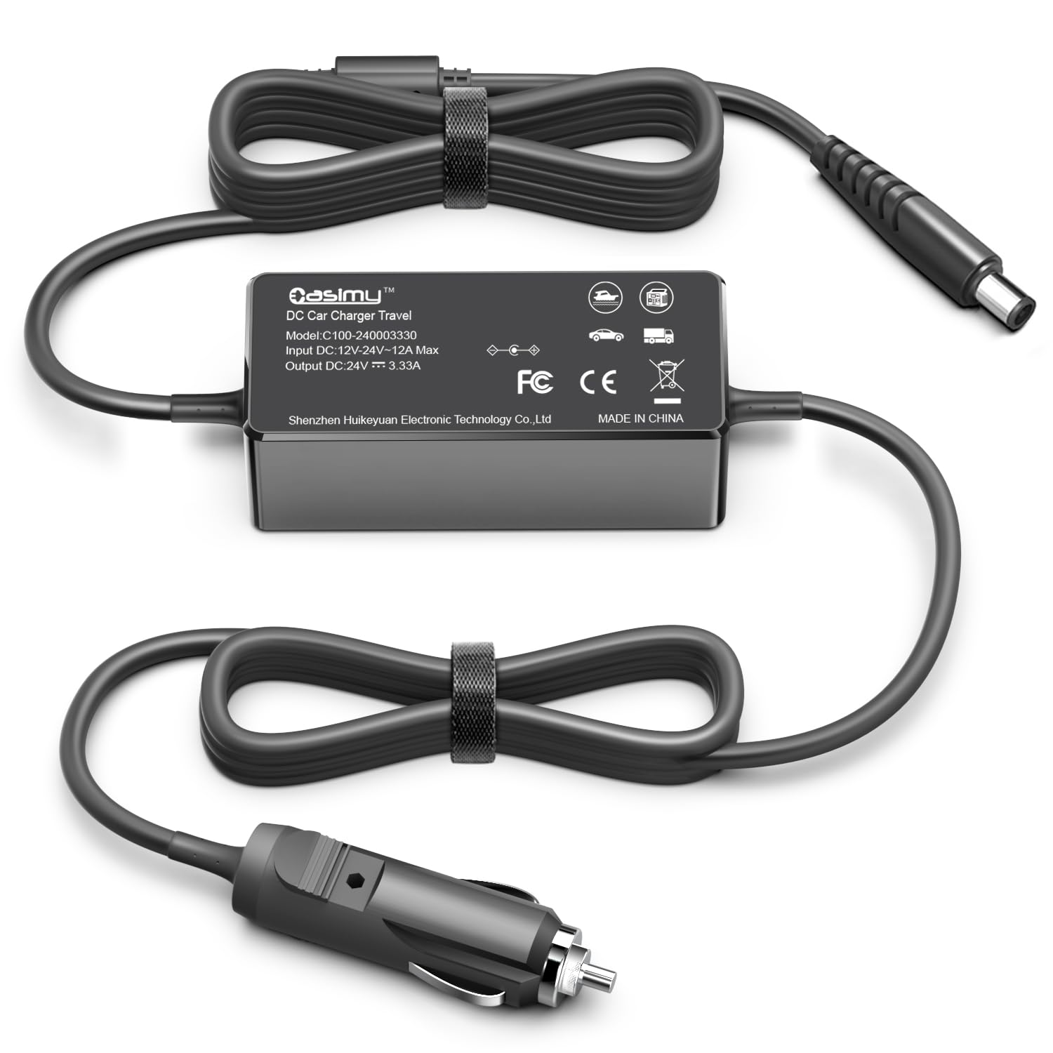 Casimy 24V DC car charger for Luna G3, compact front view for on-road CPAP power.