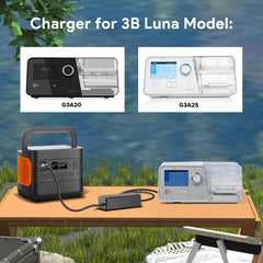 Casimy Luna G3 power supply connected to CPAP in vehicle for reliable power.
