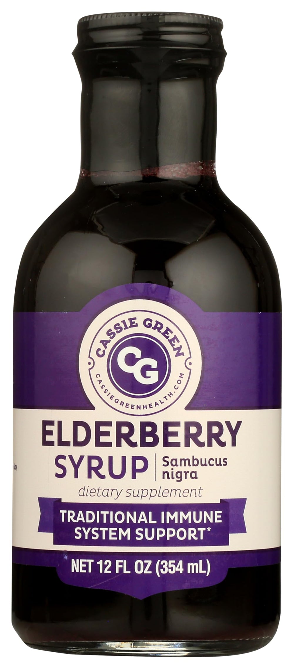 Cassie Green Health elderberry syrup bottle, elegant glass packaging, supports a simple daily wellness routine.