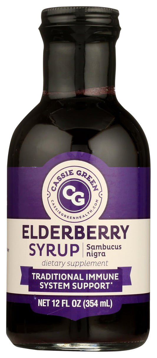 Cassie Green Health elderberry syrup bottle, elegant glass packaging, supports a simple daily wellness routine.