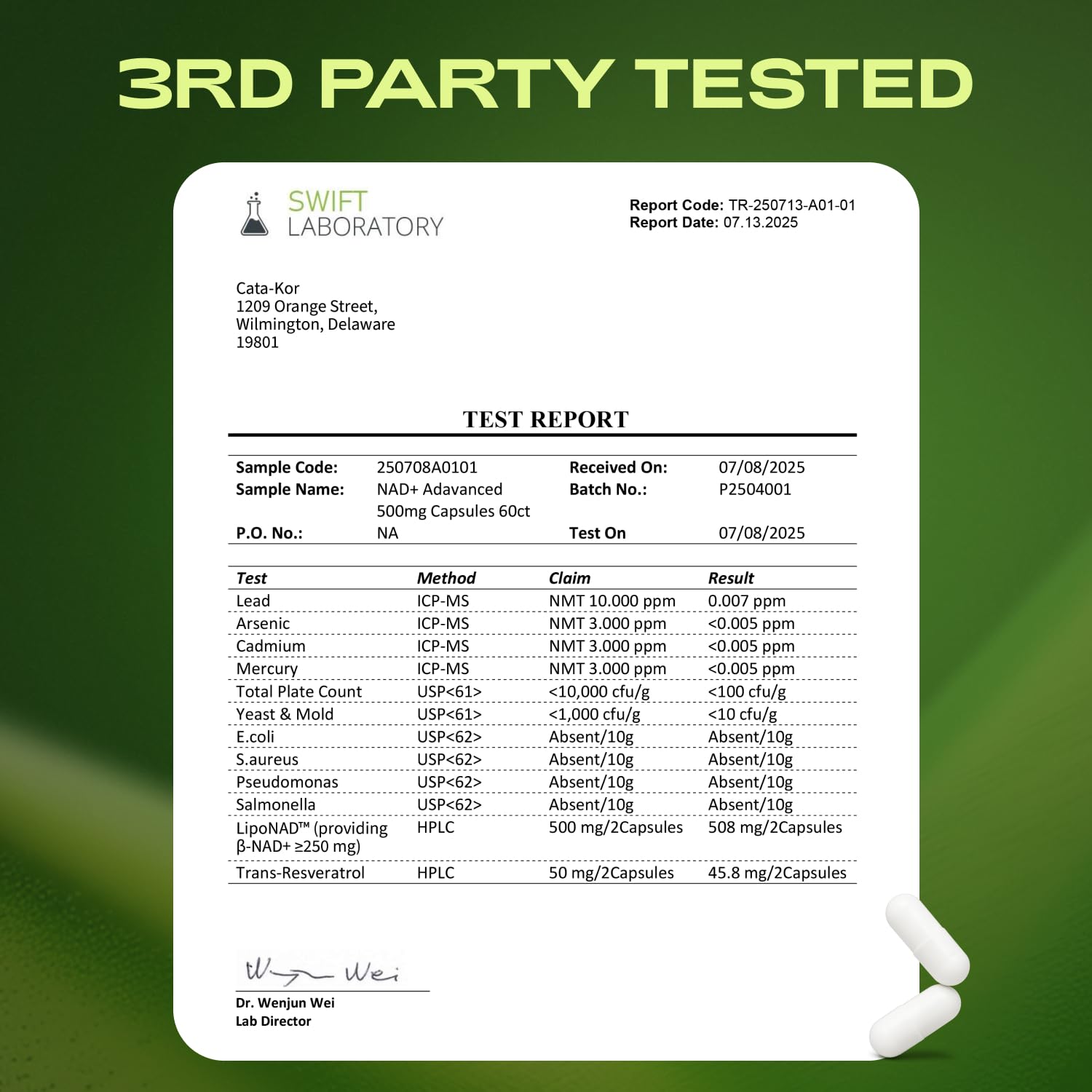 Cata-Kor NAD+ certificate of analysis image reinforcing transparency.