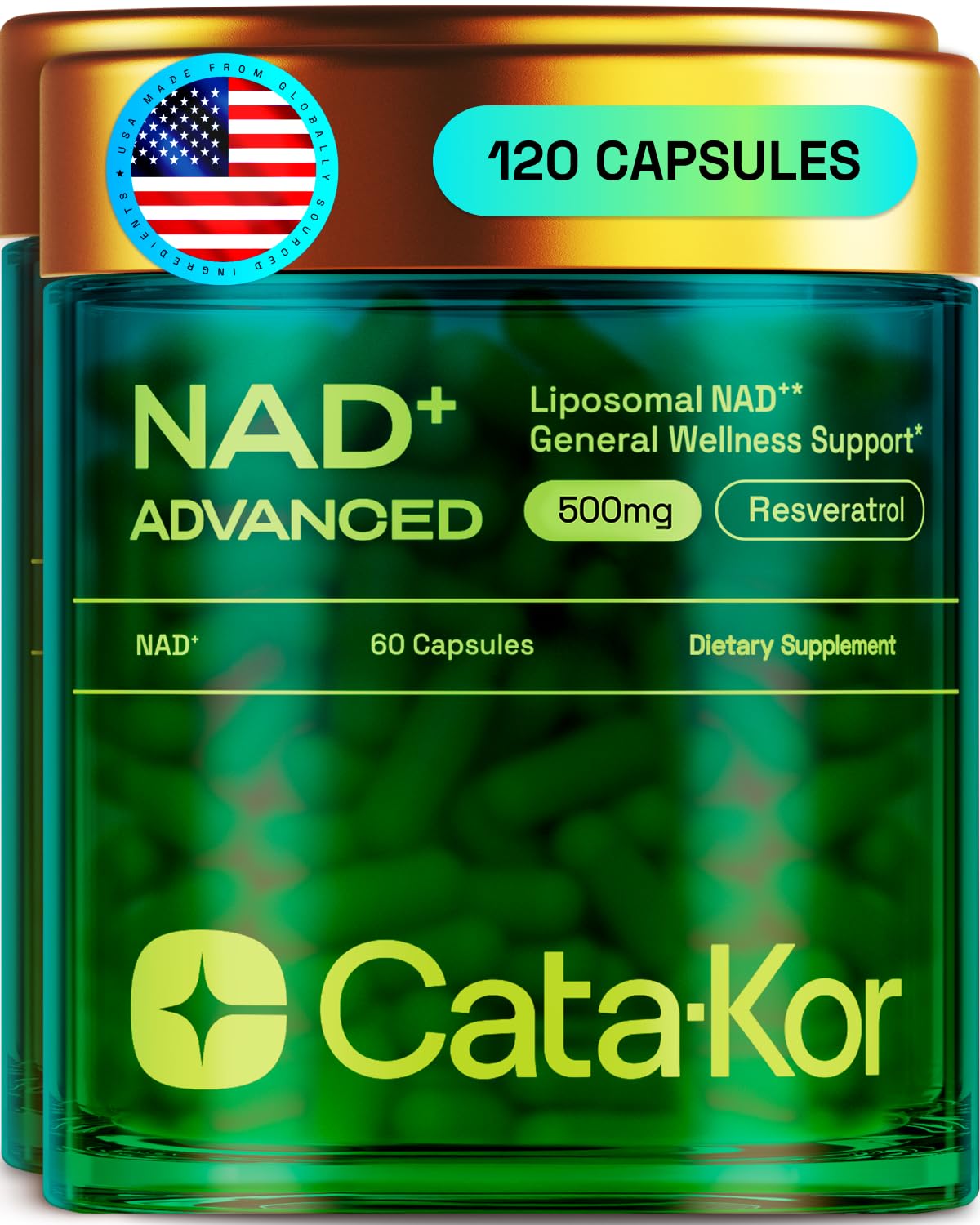 Cata-Kor Liposomal NAD with Resveratrol bottle front for daily energy support