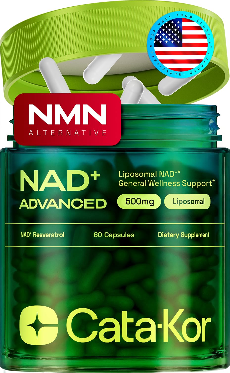 Cata-Kor Liposomal NAD+ with Resveratrol bottle for convenient daily energy support.