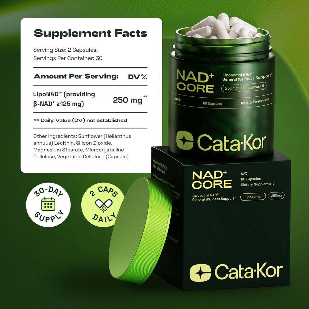 Cata-Kor NAD Core ingredients list emphasizing liposomal NAD+ and quality sourcing.