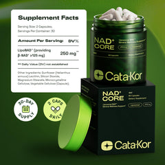 Cata-Kor NAD Core ingredients list emphasizing liposomal NAD+ and quality sourcing.