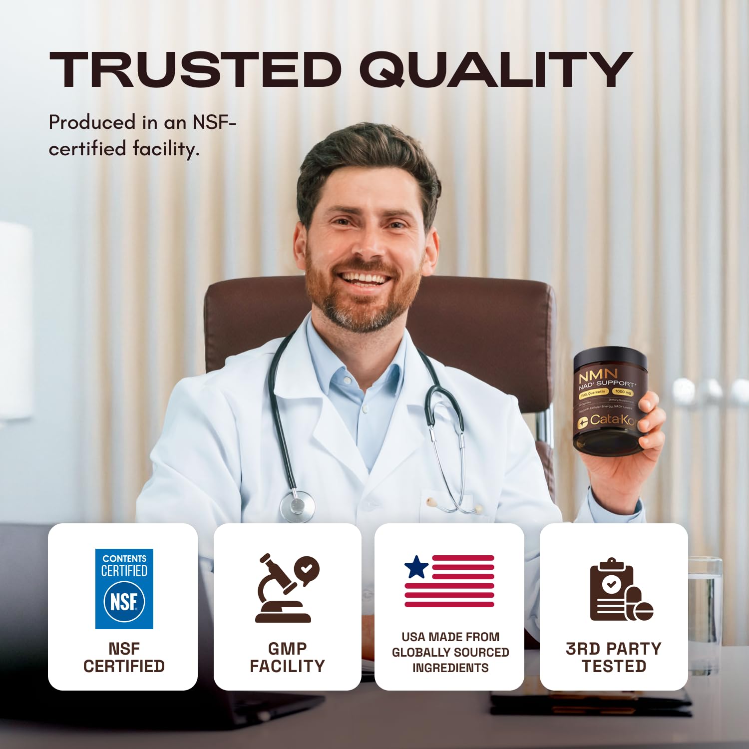 Cata-Kor NMN supplement bottle in USA-made context signaling quality control