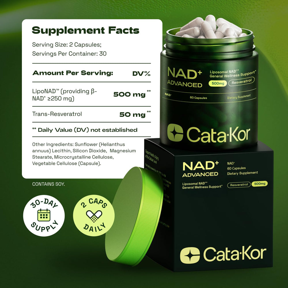 Cata-Kor NAD+ Resveratrol product with USA-made label signaling quality.
