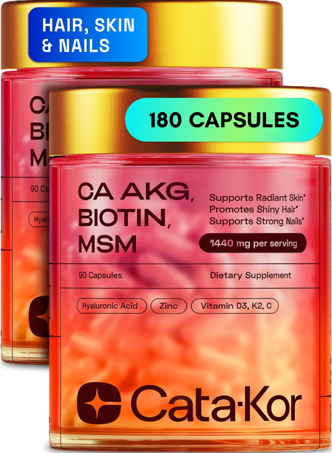 Cata-Kor Hair Skin Nails bottle with capsules for daily beauty support.