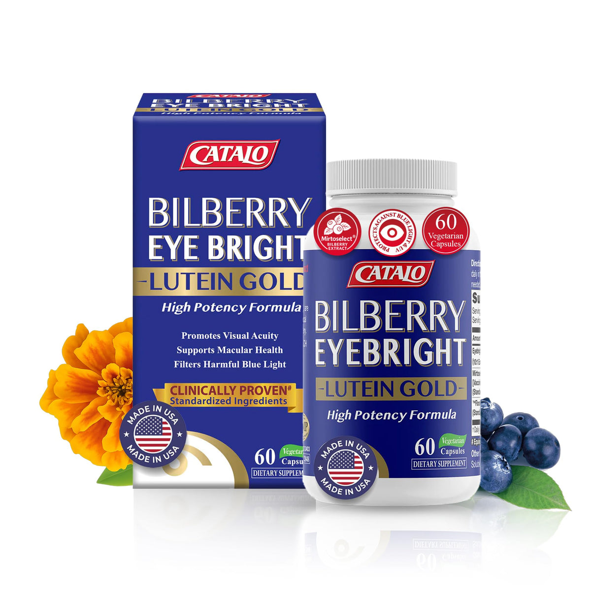 CATALO Bilberry Eyebright Extract Gold bottle promoting eye health and daily clarity.