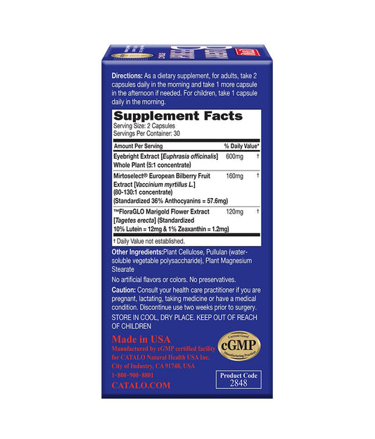 CATALO capsules close-up showing daily eye vitamin support for fatigue.