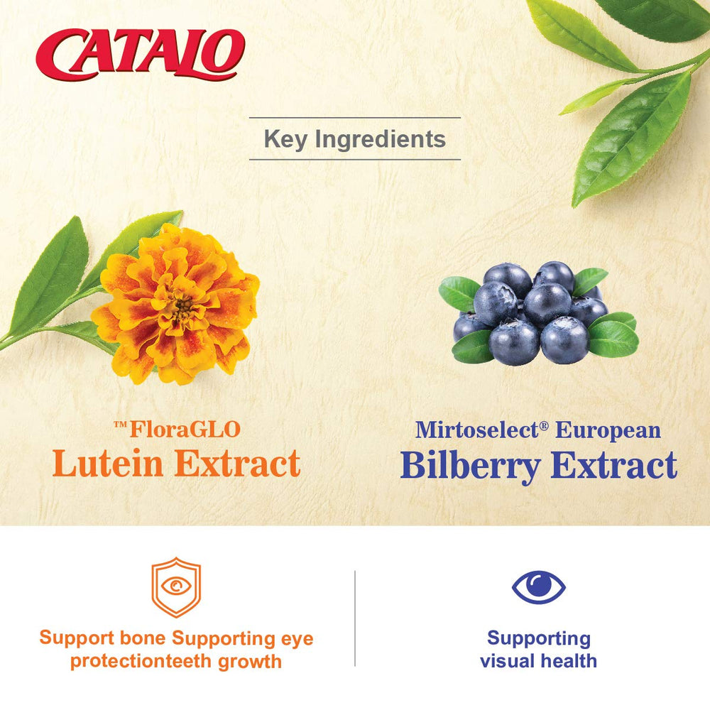 CATALO Eyebright extract and tablets shown for kid-friendly eye support.