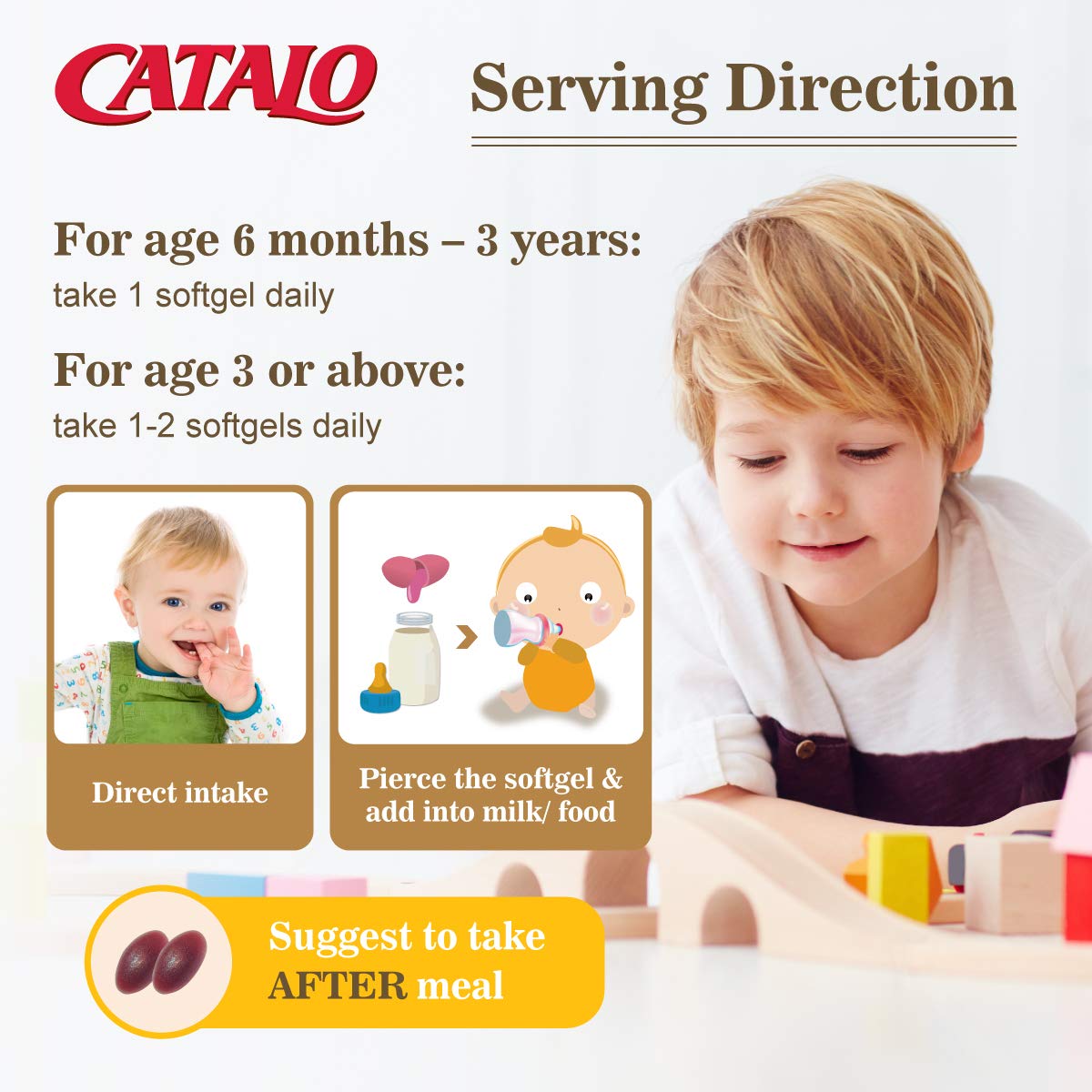 CATALO kids daily supplement shown beside a meal
