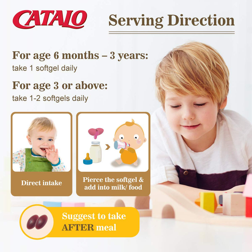 CATALO kids daily supplement shown beside a meal