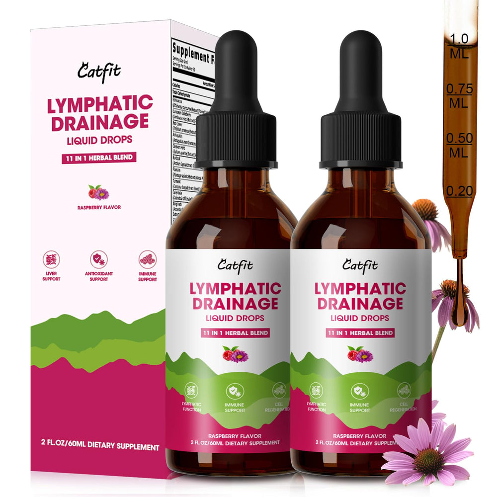 Catfit Lymphatic Drainage Drops bottle showing non-GMO formulation for wellness support